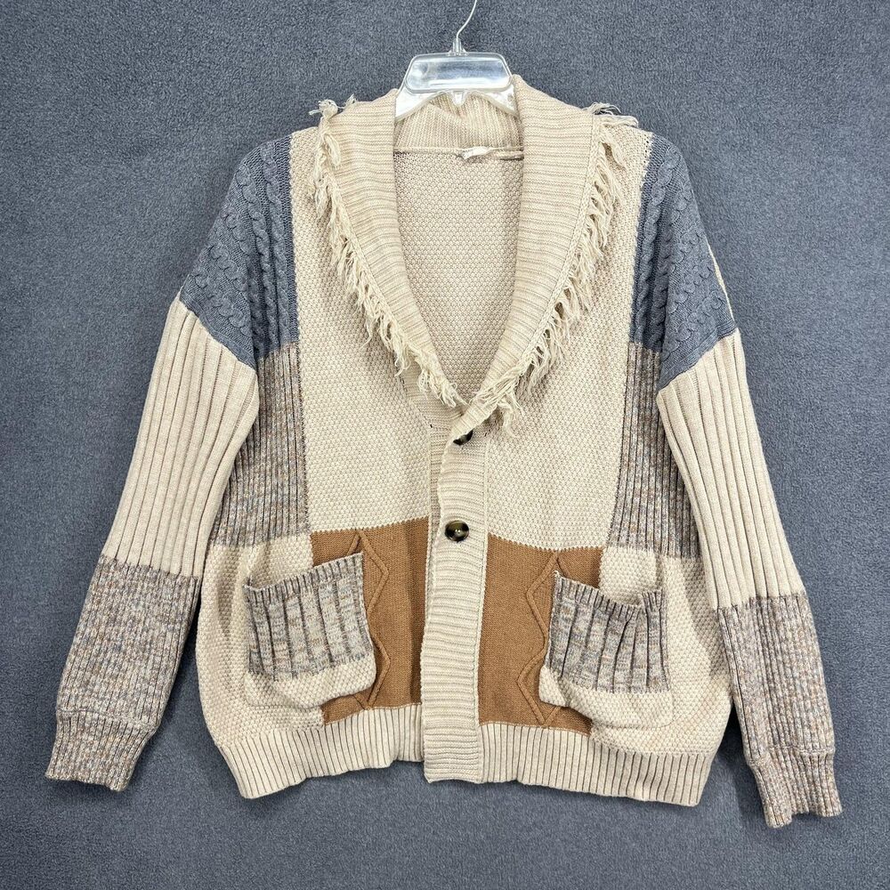 Shawl‎ Collar Cardigan Sweater Womens M/L Beige Gray Patchwork Fringe Boho Knit